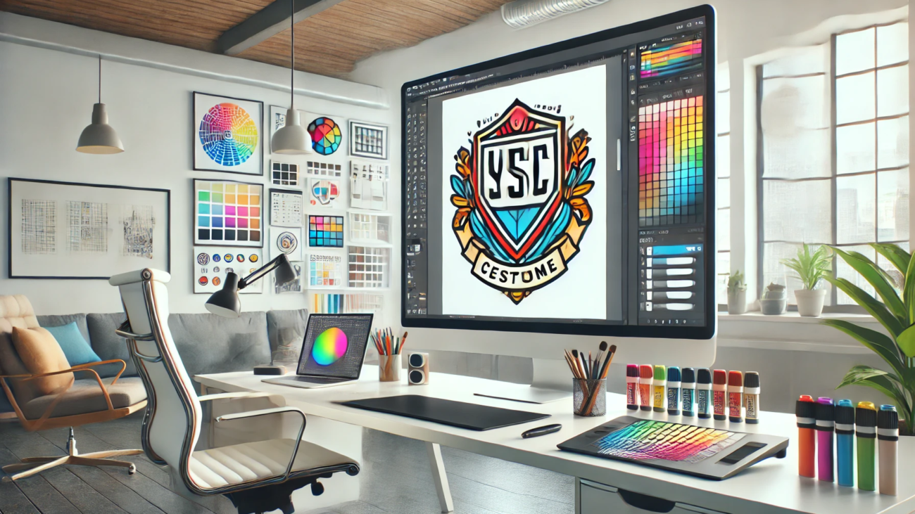 A modern design studio with a large screen showing a vector art file of a patch logo ready for customization