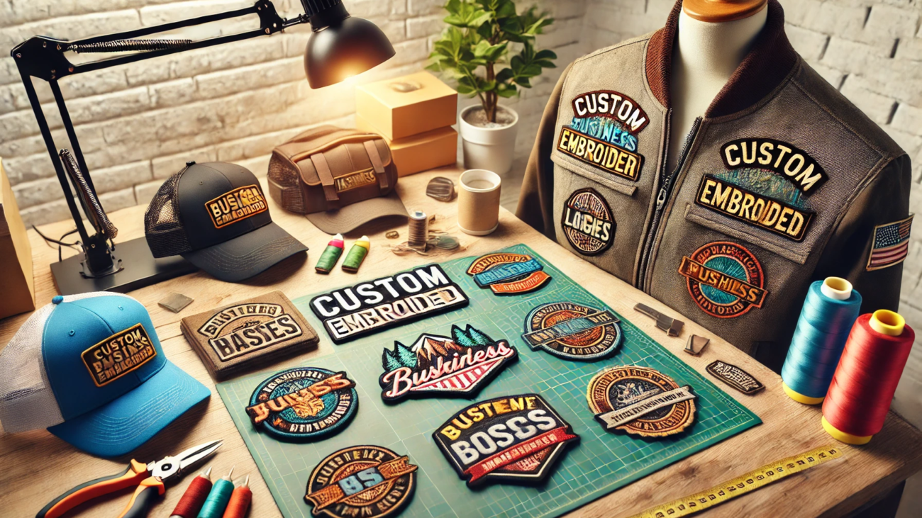 A professional image showcasing custom embroidered patches arranged on different business merchandise like jackets, hats, and bags
